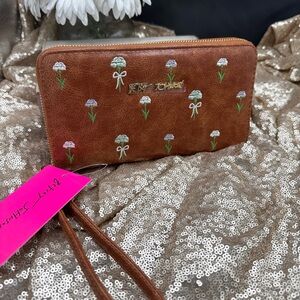 Betsey Johnson Brown Embroidered Floral Wallet Wristlet